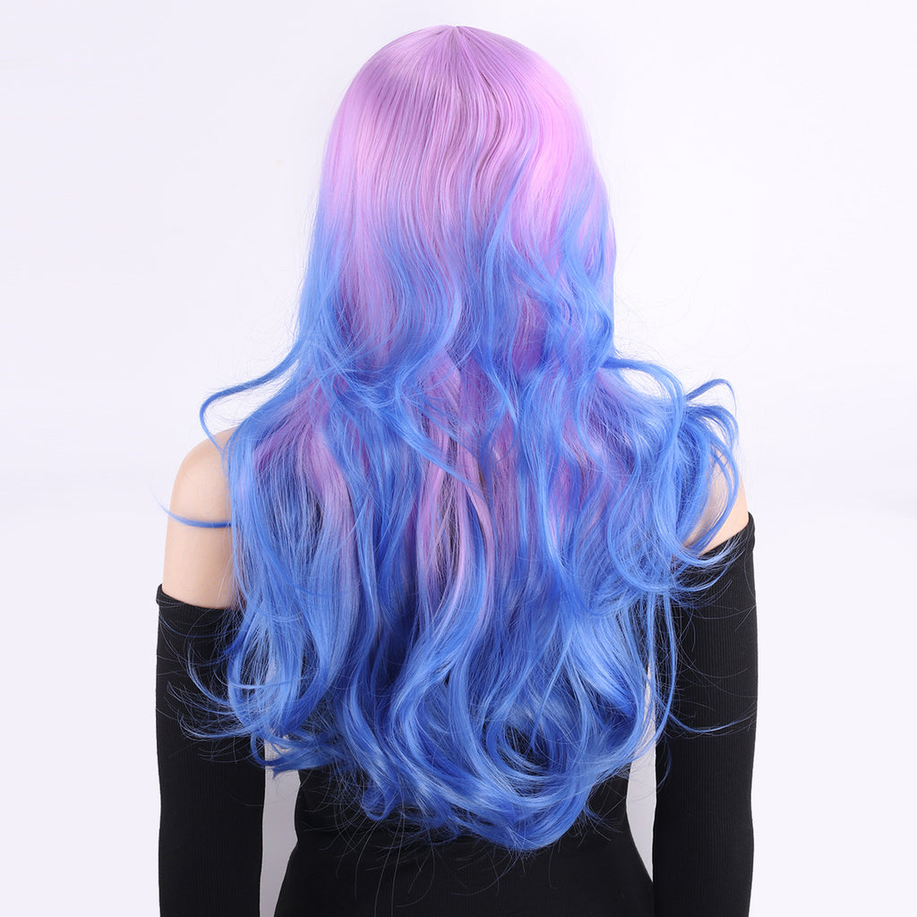 Gradient Blue Long Curly Big Wave Wig, Purple Pink to Blue Ombre, European & American Highlight, Women's Full Wig