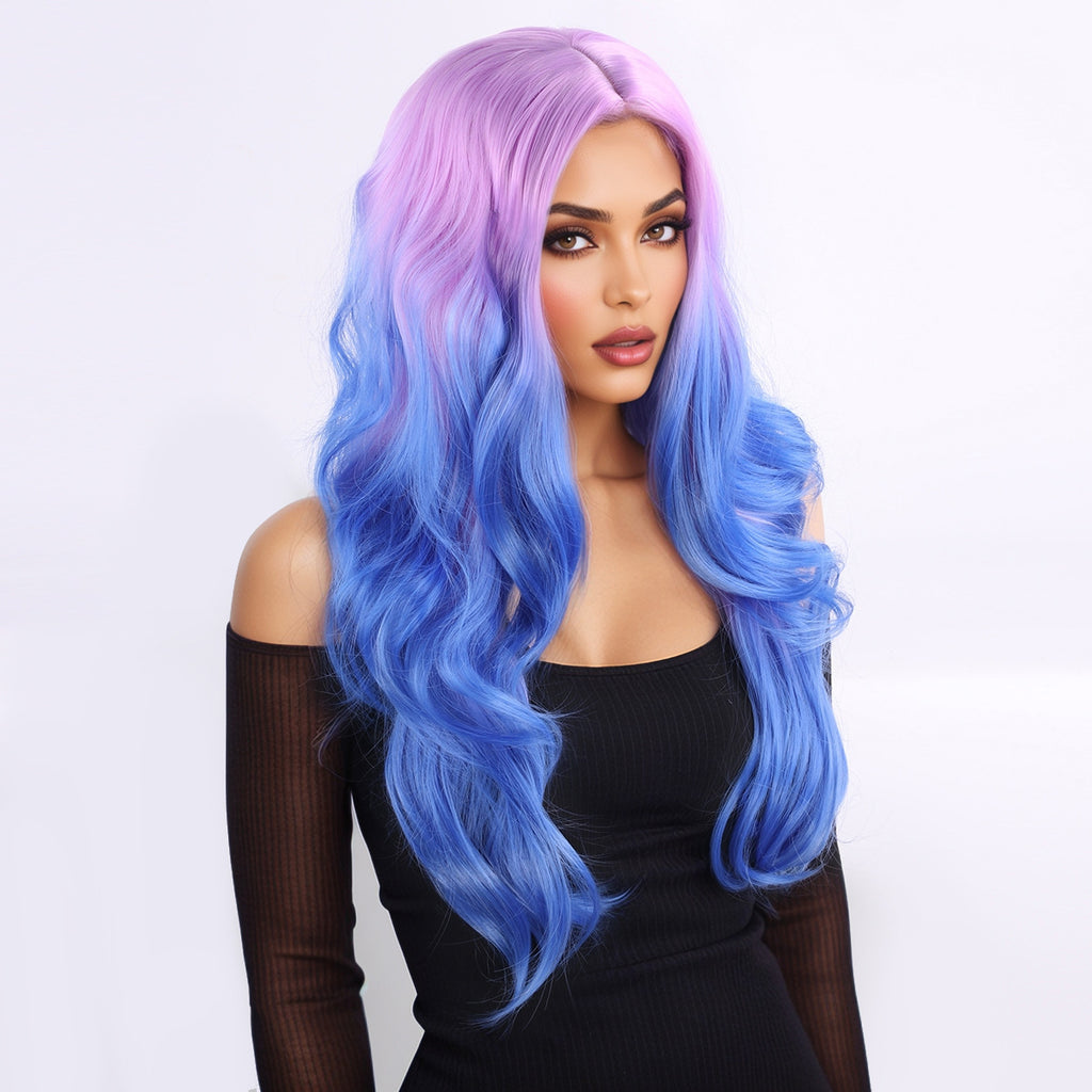 Gradient Blue Long Curly Big Wave Wig, Purple Pink to Blue Ombre, European & American Highlight, Women's Full Wig