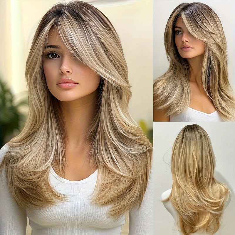 Ombre Dark Gold Women Lace Front Synthetic Wig Small Middle Part Long Curly