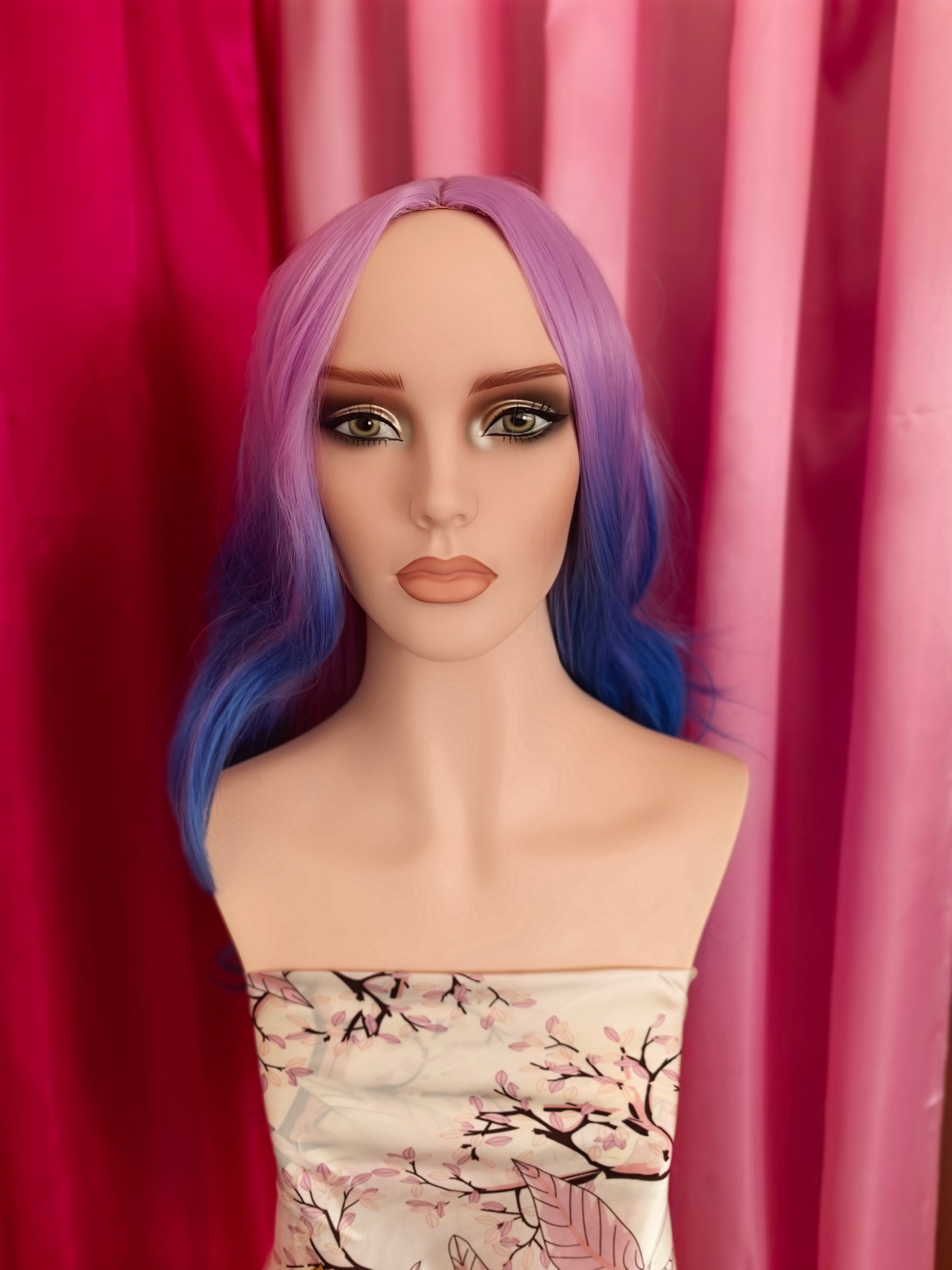 Gradient Blue Long Curly Big Wave Wig, Purple Pink to Blue Ombre, European & American Highlight, Women's Full Wig