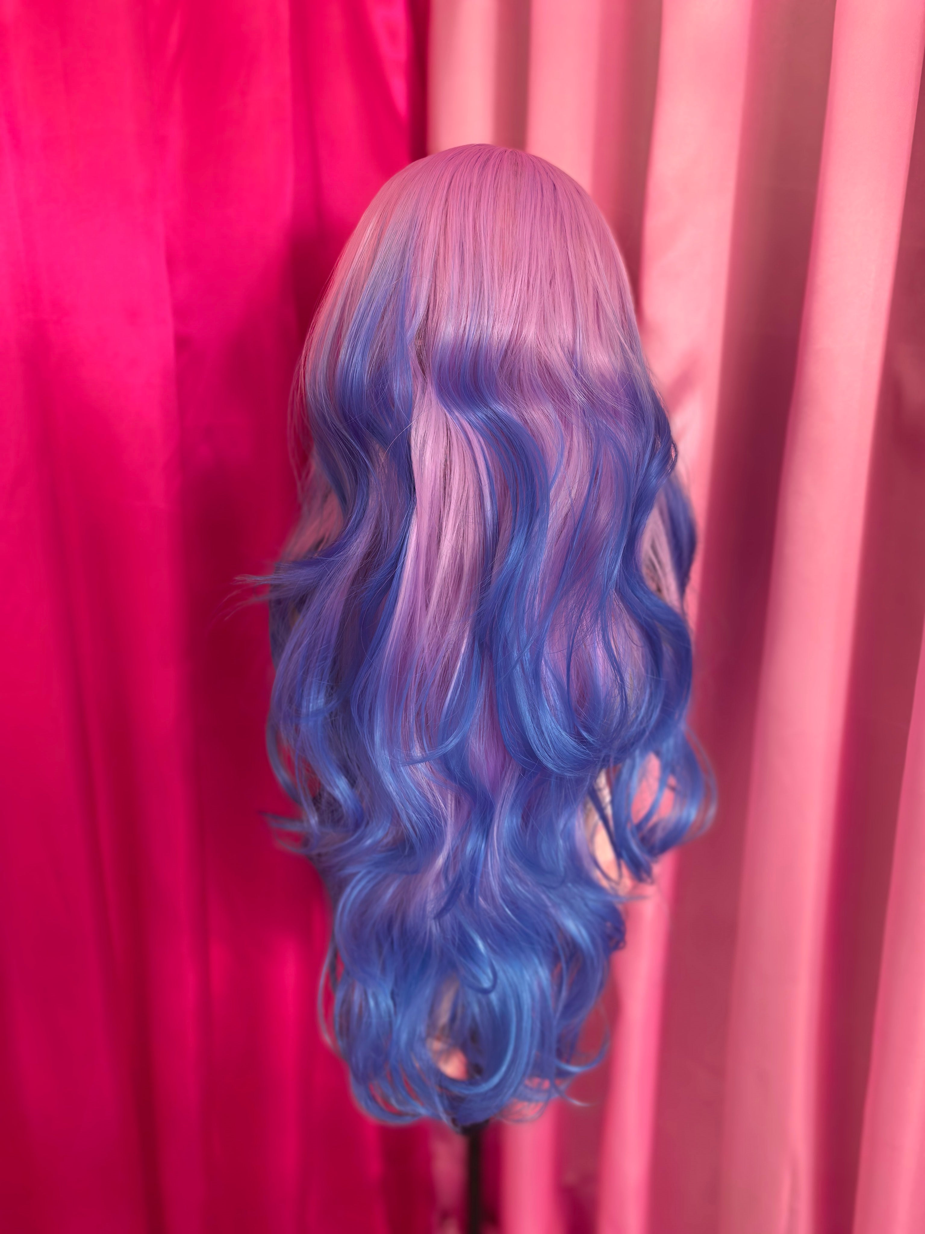 Gradient Blue Long Curly Big Wave Wig, Purple Pink to Blue Ombre, European & American Highlight, Women's Full Wig