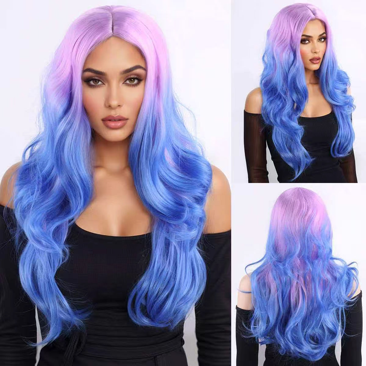 Gradient Blue Long Curly Big Wave Wig, Purple Pink to Blue Ombre, European & American Highlight, Women's Full Wig